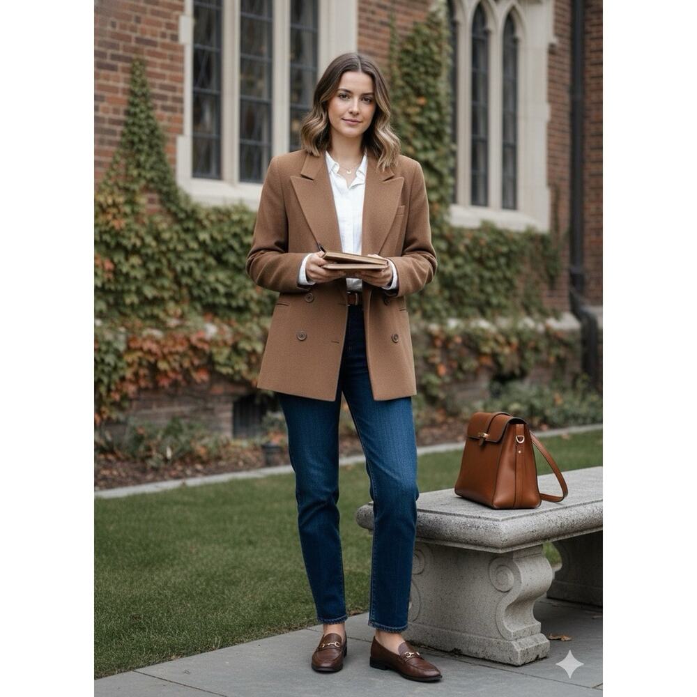 VTG I. Magnin Camel Brown 100% Cashmere Double Breasted Jacket Sz 12 Minimalist